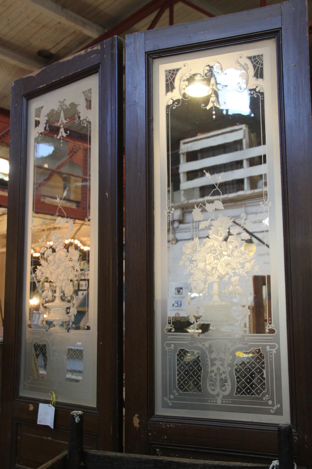 30 OFF Pair, Large French Doors with Etched Glass SOLD Crescent