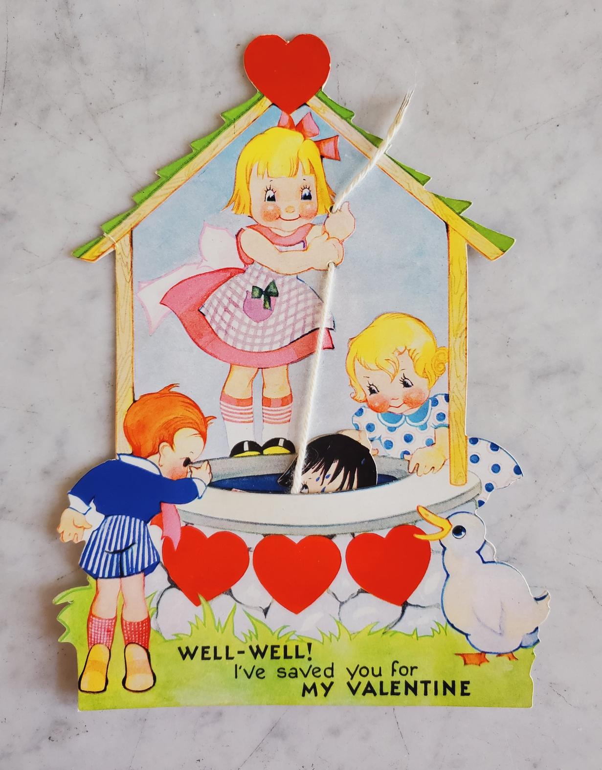 Vintage Valentine Card Mechanical Well-Well